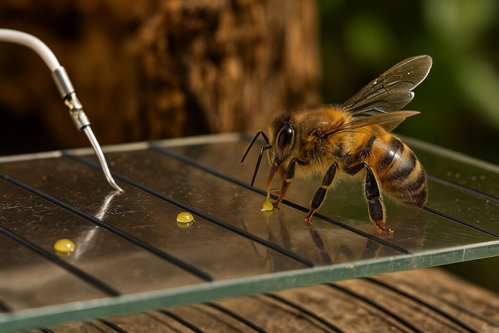 bee on glass excreting venom