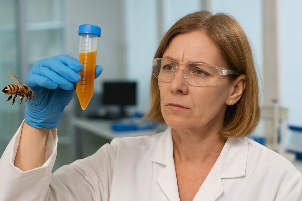 woman examining a tube in the laboratory