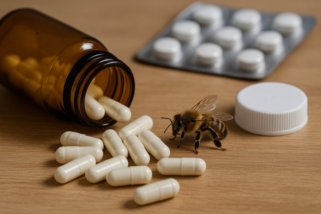 pills spilled from the glass bottle on a desk