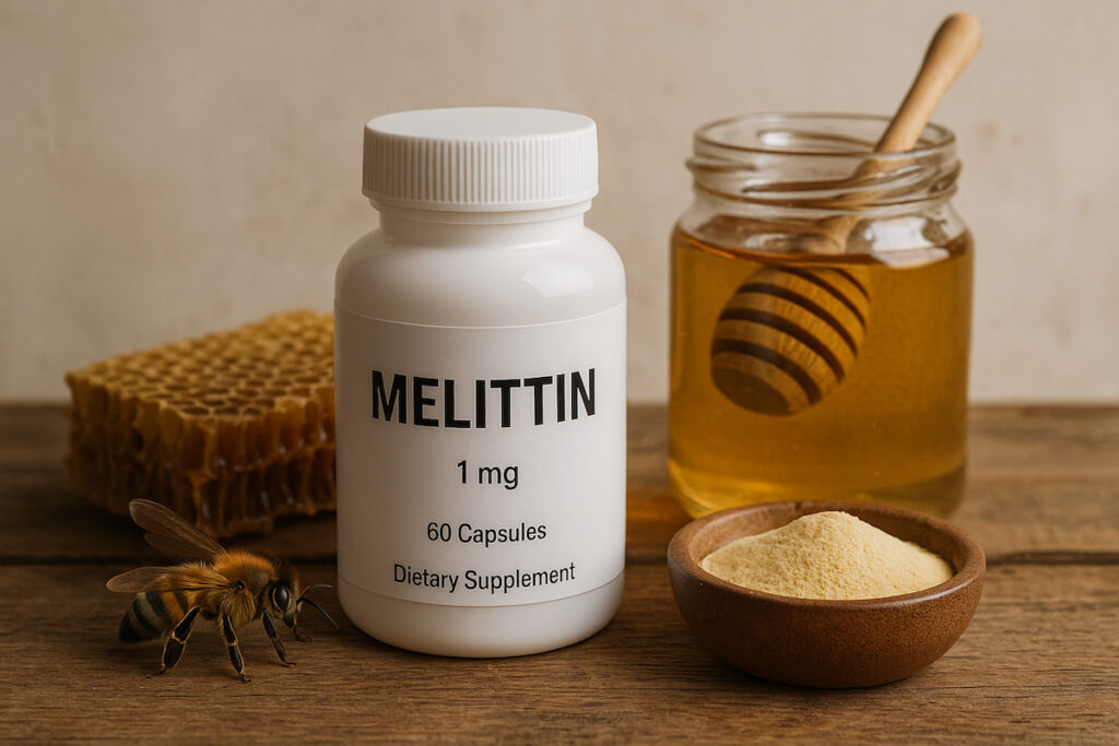 a jar of honey and a bottle of capsules