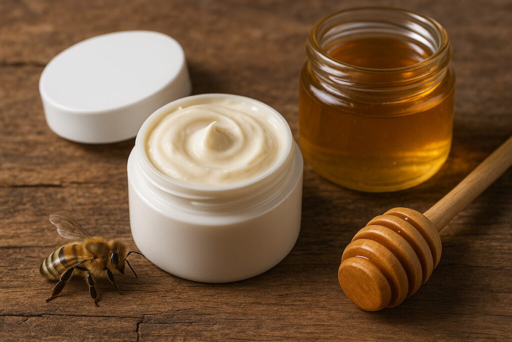 tub of cream and jar of honey